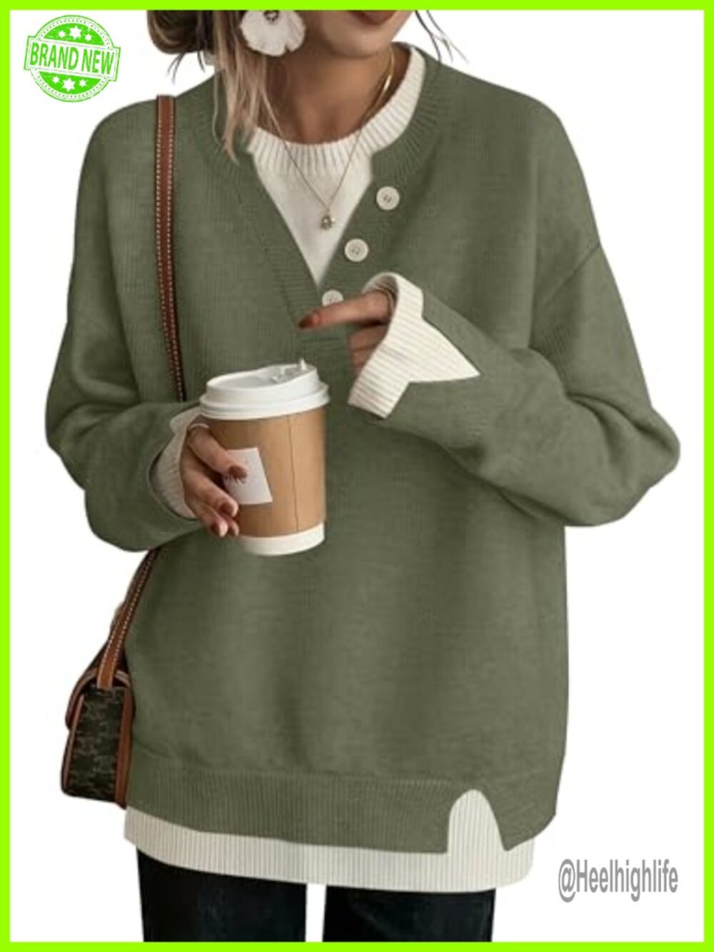 Oversized Crew Neck Pullover Sweater Knit Two-Tone Casual Fall Tops